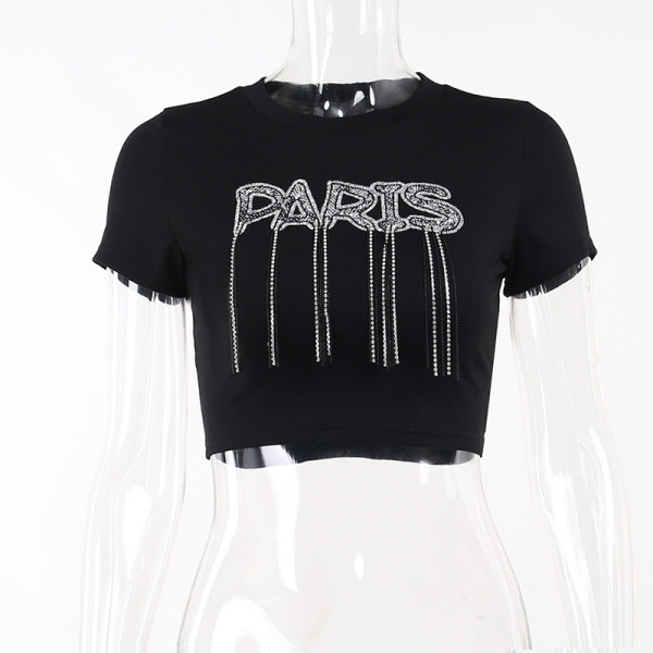 Round neck letter rhinestone short sleeve T-shirt short Joker Spice Girl Top