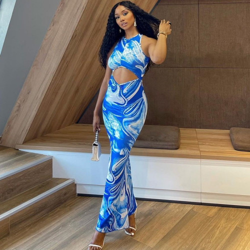 Hollow out tight fitting dress with round neck and open backpack buttocks, one step long skirt, digital print, holiday style skirt