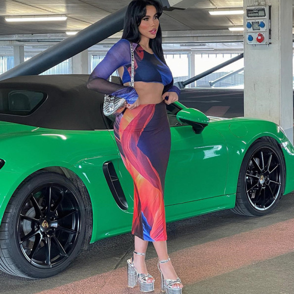 Fashionable printed top, long sleeved open back tie up, buttocks wrapped skirt set, two-piece skirt set