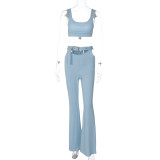 Solid Sleeveless Tank Top Flare Pants Two Piece Fashion Set