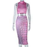 Printed Sleeveless Open Umbilical Sexy Tank Top Waist Split Half Dress Set