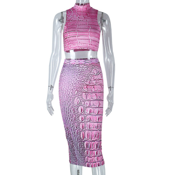 Printed Sleeveless Open Umbilical Sexy Tank Top Waist Split Half Dress Set
