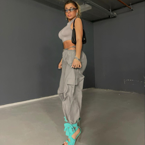 High waist hollow drawstring solid color toe overalls Joker solid color straight pants.