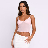 Sexy basic mesh sling short vest casual Joker hemmed top