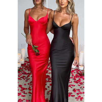 Sling sexy chest satin dress slim solid color party spice dress