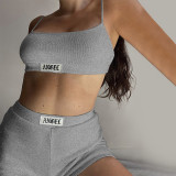 Knitted rib suspender vest black women's shorts casual fashion suit