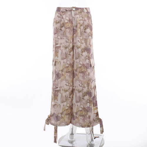 High waist tie-dyed leg straight overalls street fashion Joker casual pants