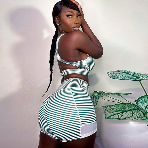 Fashion striped printed wrap chest vest shorts two-piece fitness yoga set