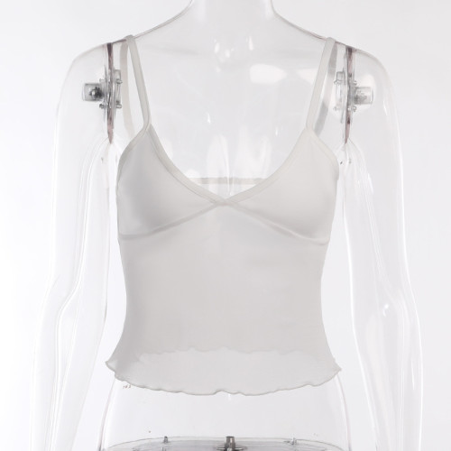 Sexy basic mesh sling short vest casual Joker hemmed top
