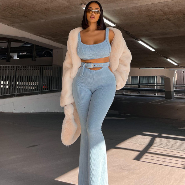 Solid Sleeveless Tank Top Flare Pants Two Piece Fashion Set