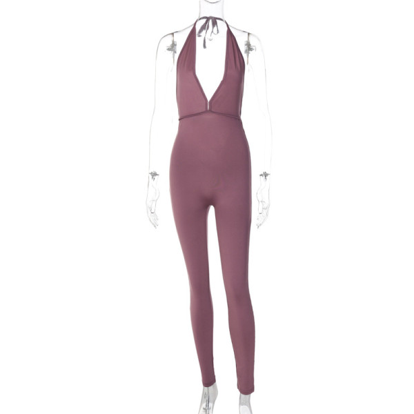 V-Neck Lace Up Hanging Neck Sexy Pleated Open Back Sports Slim Fit Jumpsuit