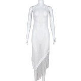 Round neck openwork oblique skirt with fringed va va voom dress