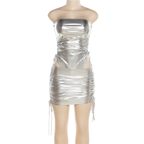Metallic tube top jumpsuit drawstring pleated hip skirt suit