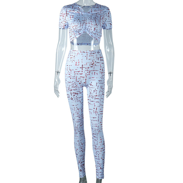 Fashion printed sexy open navel pleated top short sleeved tight fitness pants two-piece set
