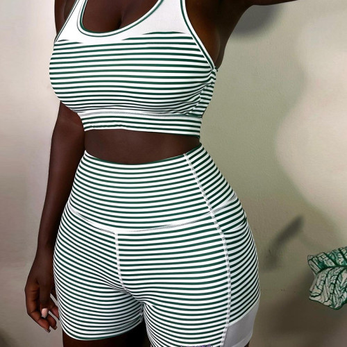 Fashion striped printed wrap chest vest shorts two-piece fitness yoga set