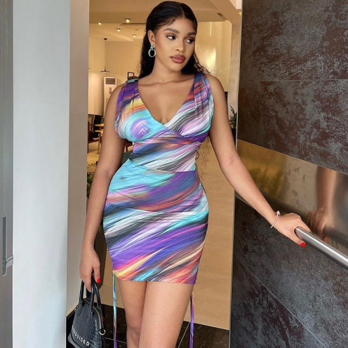 V-neck tight fitting dress street trendy drawstring tie wrap buttocks skirt sleeveless headdress