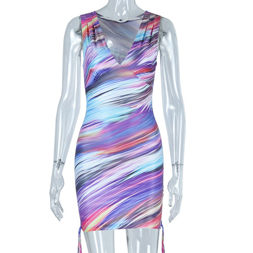 V-neck tight fitting dress street trendy drawstring tie wrap buttocks skirt sleeveless headdress