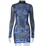 Sexy Mesh Perspective Dress Standing Neck Long Sleeve Printed Wrapped Hip Dress Street Trendy Nightclub Dress