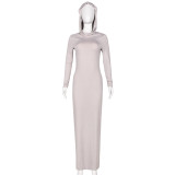 Hooded high elastic long sleeve split temperament slim dress