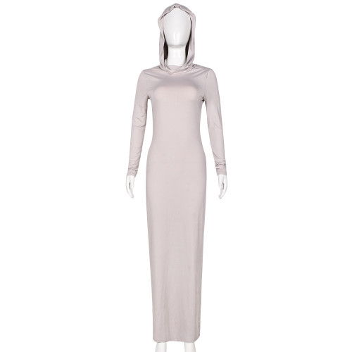 Hooded high elastic long sleeve split temperament slim dress