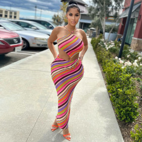 Colorful Stripe Sexy Lace Up Open Back Wrapped Chest Split Long Dress Set