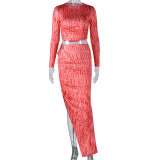 Fashion Printed Round Neck Sexy Open Umbilical Long Sleeve Wrapped Hip Half Skirt Set Two Piece Set