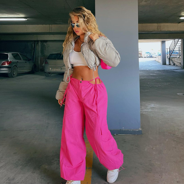 High waist hollow drawstring solid color toe overalls Joker solid color straight pants.