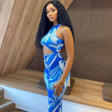 Hollow out tight fitting dress with round neck and open backpack buttocks, one step long skirt, digital print, holiday style skirt
