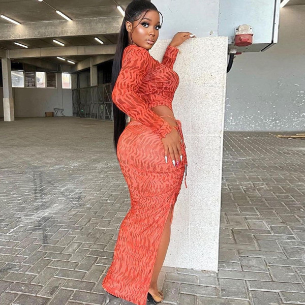 Fashion Printed Round Neck Sexy Open Umbilical Long Sleeve Wrapped Hip Half Skirt Set Two Piece Set