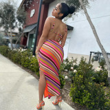 Colorful Stripe Sexy Lace Up Open Back Wrapped Chest Split Long Dress Set