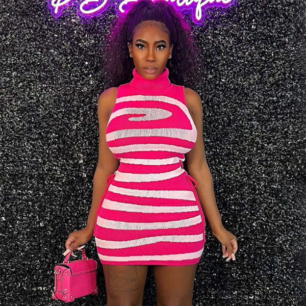 Fashionable Women's Knitted Tight Waist Tie up Contrast Color Wrapped Hip Dress