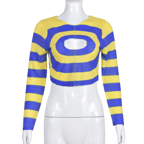 Contrasting wool hollow long sleeve short blouse