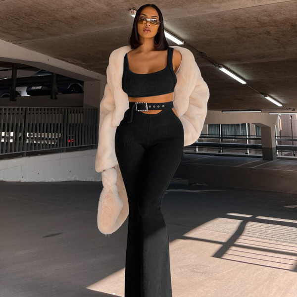 Solid Sleeveless Tank Top Flare Pants Two Piece Fashion Set