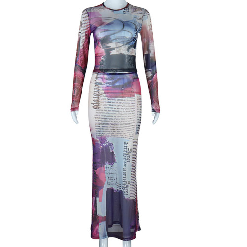 Sexy Perspective Mesh Set Round Neck Printed Long Sleeve Short Top Wrapped Hip Slim Fit Half Skirt Fashion Two Pieces
