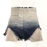 Fishbone High Waist Gradient Feet Edge Design Pocket Leakage Personalized Denim Shorts