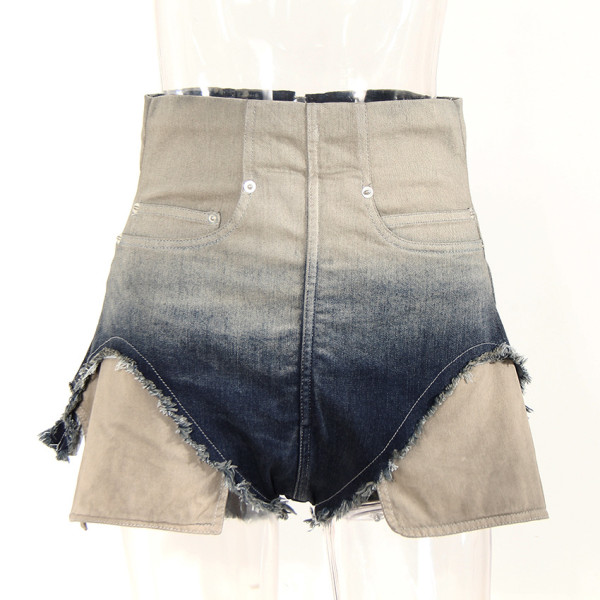 Fishbone High Waist Gradient Feet Edge Design Pocket Leakage Personalized Denim Shorts