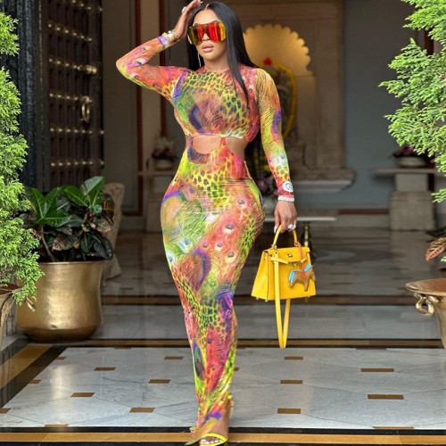 Round neck tight fitting long dress with phoenix tail print long sleeve wrap buttocks pencil skirt street trendsetter skirt