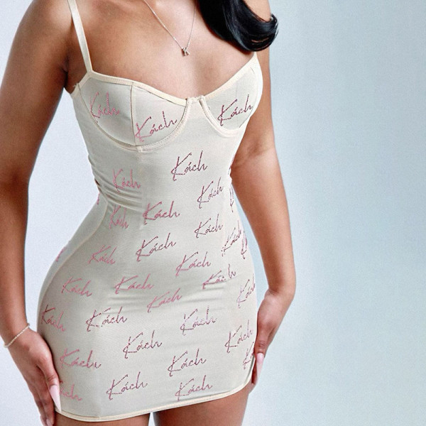 Sling letter printed short skirt sexy mesh perspective spice dress