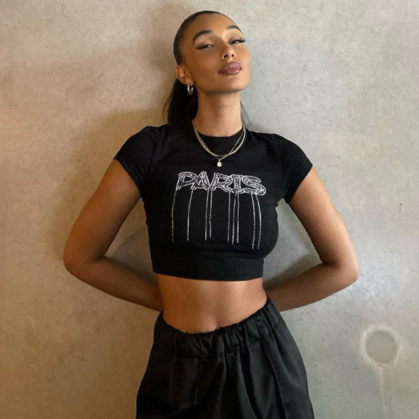 Round neck letter rhinestone short sleeve T-shirt short Joker Spice Girl Top