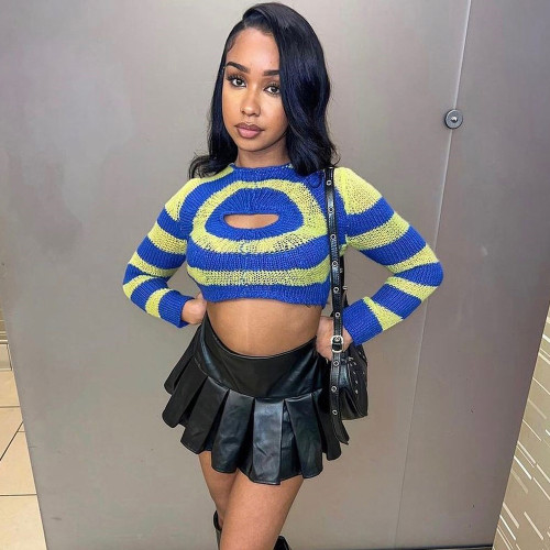 Contrasting wool hollow long sleeve short blouse