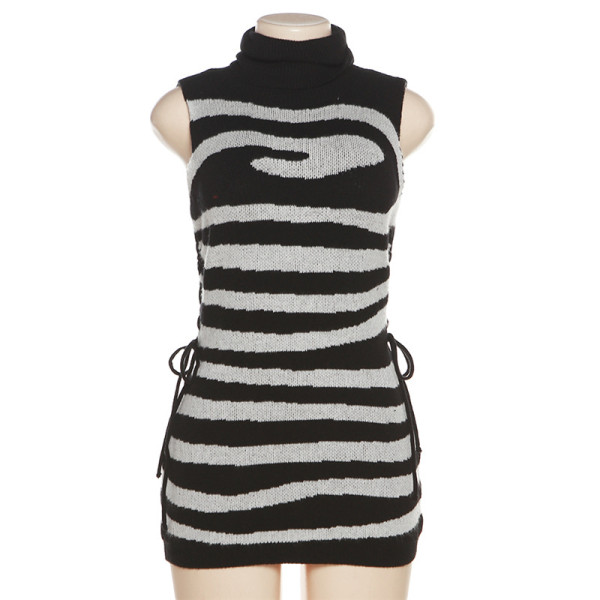 Fashionable Women's Knitted Tight Waist Tie up Contrast Color Wrapped Hip Dress