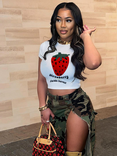 Strawberry Letter Printing Round Neck Fashion Slim Fit Short Sleeve Versatile T-shirt Top