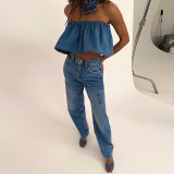 Off Shoulder Short Flower Spicy Girl Denim Bra