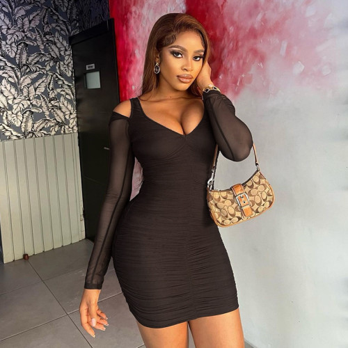 Women's pleated tight fitting dress with mesh stitching, perspective buttock wrap skirt, solid color pullover skirt