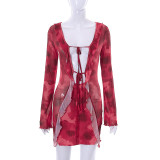 Long sleeved strappy street print spicy girl wrap buttocks dress