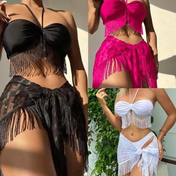 Tassel bra strap mesh three piece swimsuit bikini