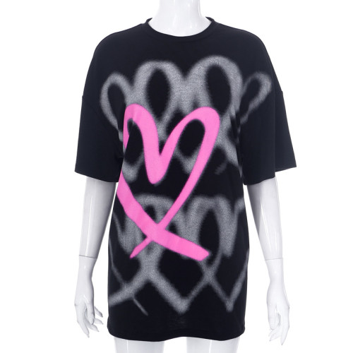 Short sleeved abstract printed long loose ins couple T-shirt