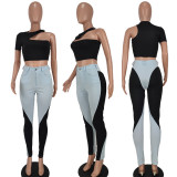 Women's open back sexy irregular short sleeved T-shirt with patchwork pants two-piece set