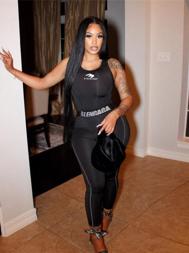 Letter printed fashion casual slim fitting vest and pants set, two-piece fashion set