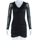 Women's pleated tight fitting dress with mesh stitching, perspective buttock wrap skirt, solid color pullover skirt